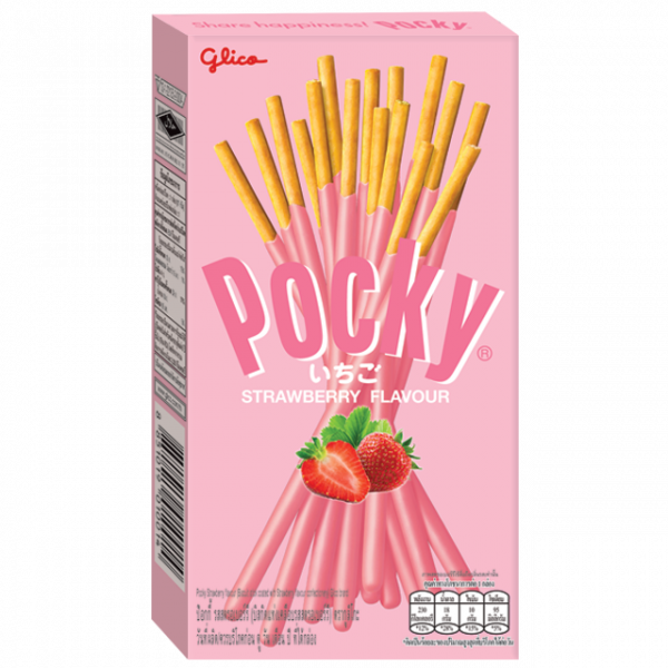 Glico Pocky Strawberry - Biscuits fins en bâtonnet nappés de chocolat saveur fraise - Glups