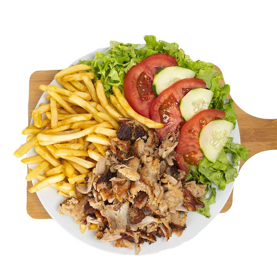 Assiette gourmande à composer : viande et sauces au choix + salade verte, concombre + frites