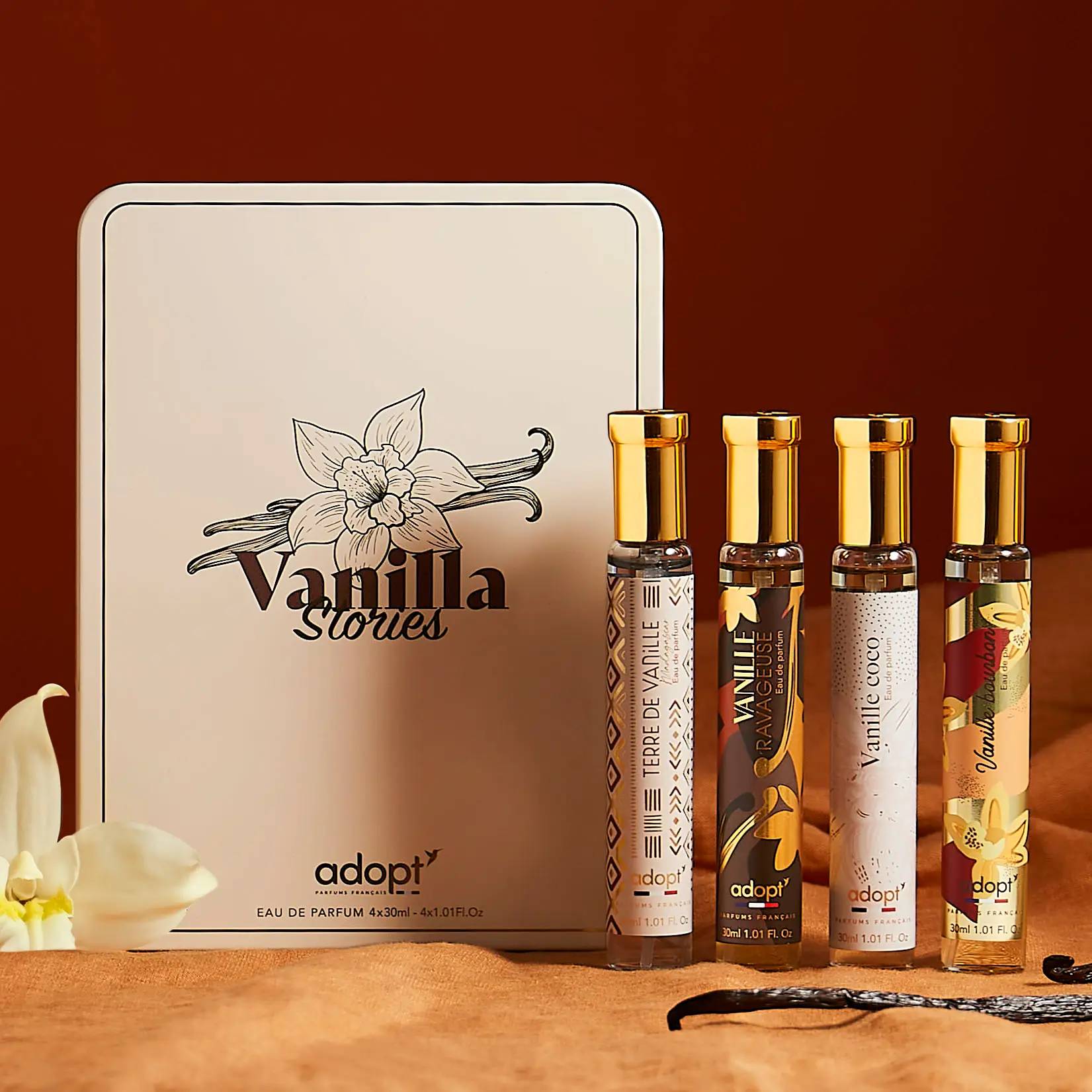 Coffret 4 Eaux De Parfums Terre De Vanille 30 ml + Vanille Bourbon 30 ml + Vanille Ravageuse 30 ml + Vanille Coco 30 ml - Vanilla Stories - Vegan