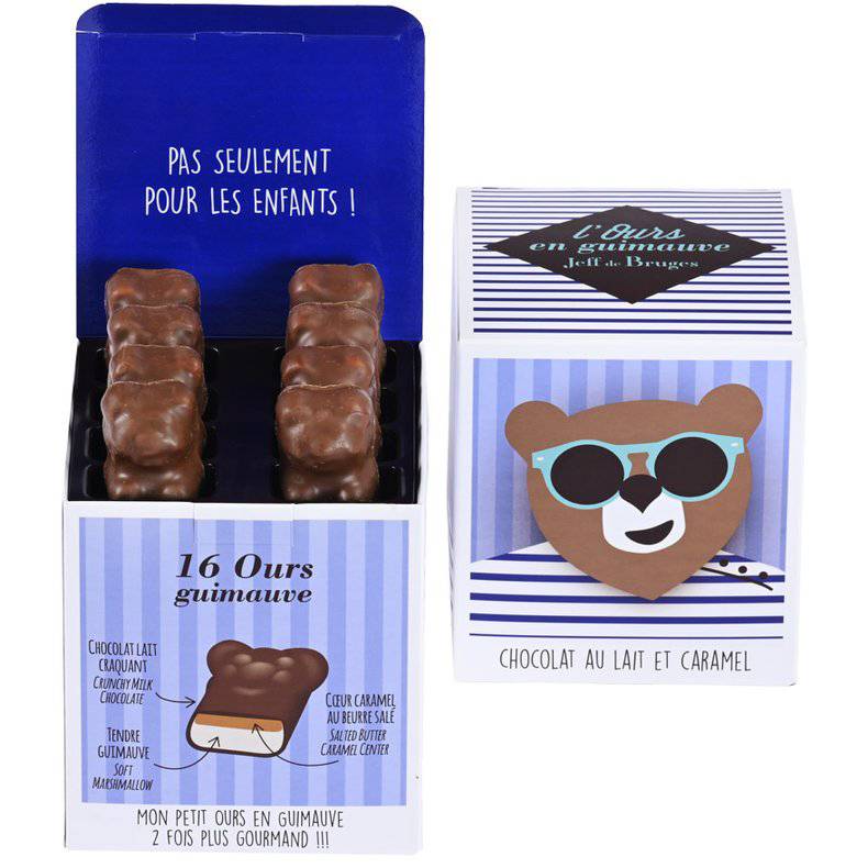 Boîte 16 ours en guimauve chocolat au lait et caramel 245g