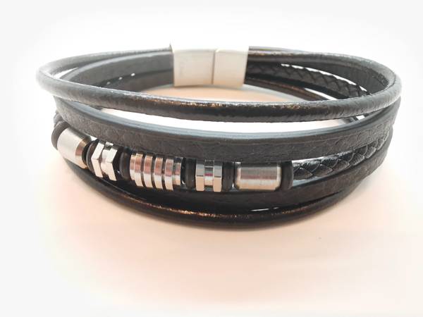 Bracelet homme en cuir noir tressé multi brins et acier inox Argenté 22,5cm - HMK Collection