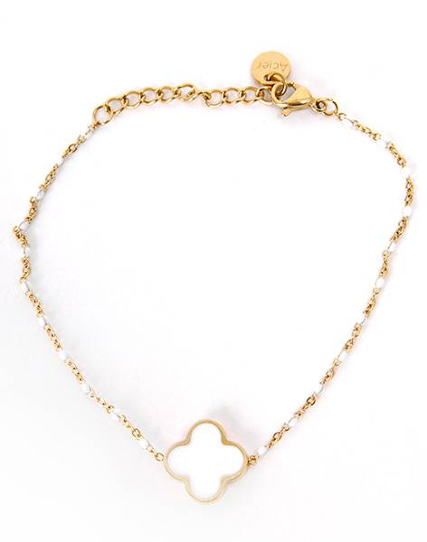 Bracelet femme maille doré et perles fines blanches - chance trèfle blanc - acier inoxydable - Zandra