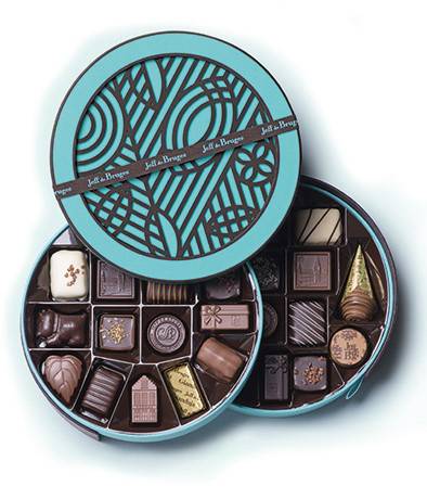 Grande boîte ronde bleue chocolats assortis - 360gr -Jeff de Bruges